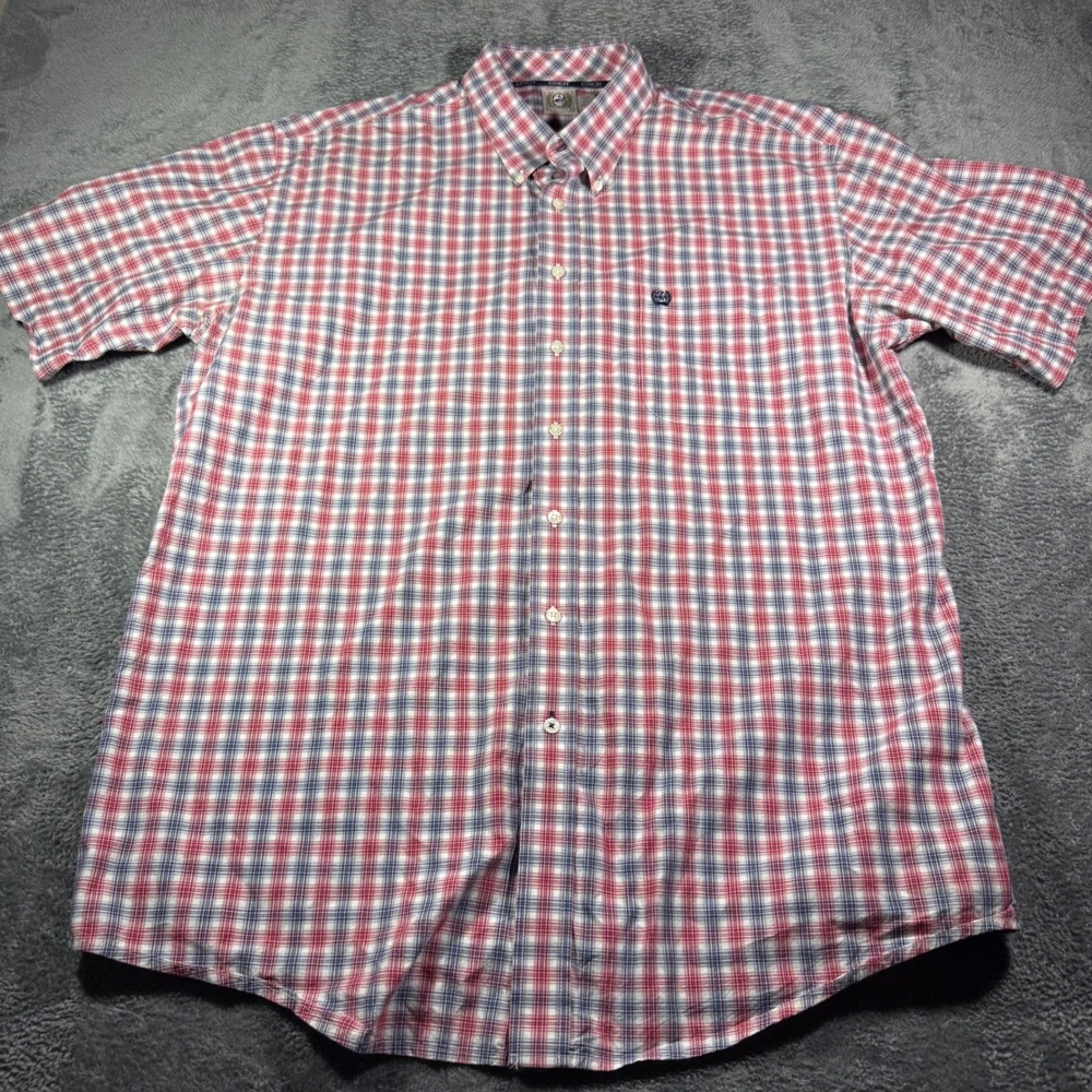 Cinch Mens XXL Short Sleeve Button Down Shirt Red White Blue Plaid Western Logo‎